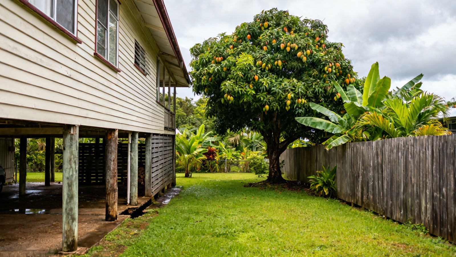 The side yard of a highset timber house leading to a big mango tree in the back yard